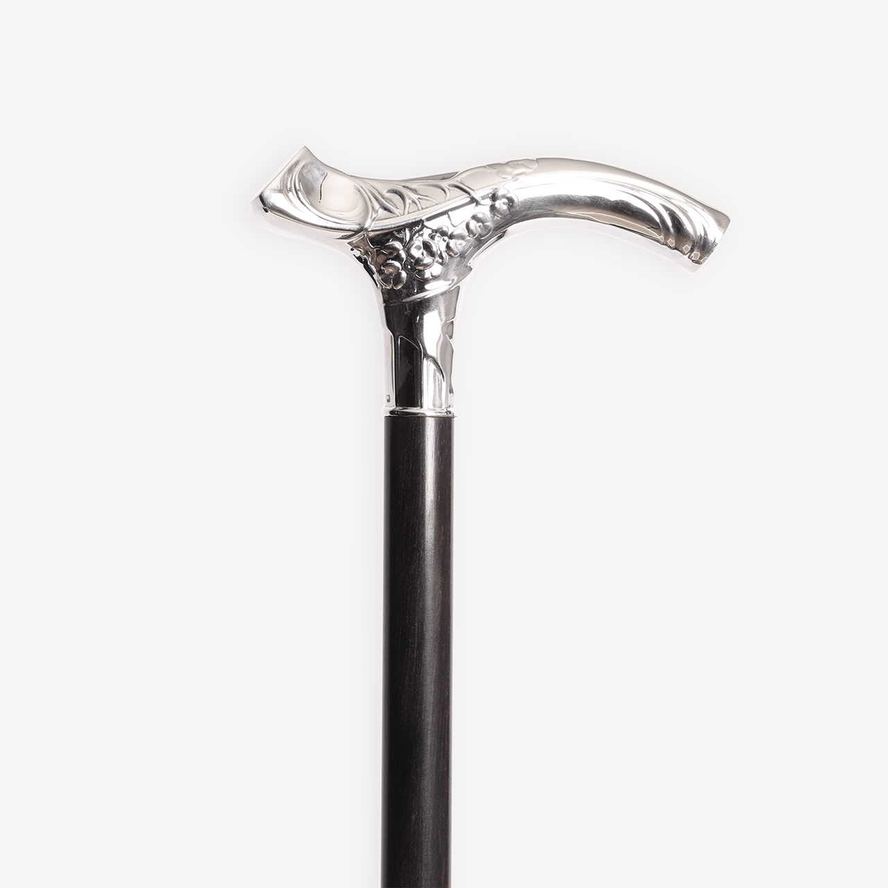 Dress Cane with Ornate Crutch Handle - Ebony Wood and Silver Hardware - Swaine Group Ltd