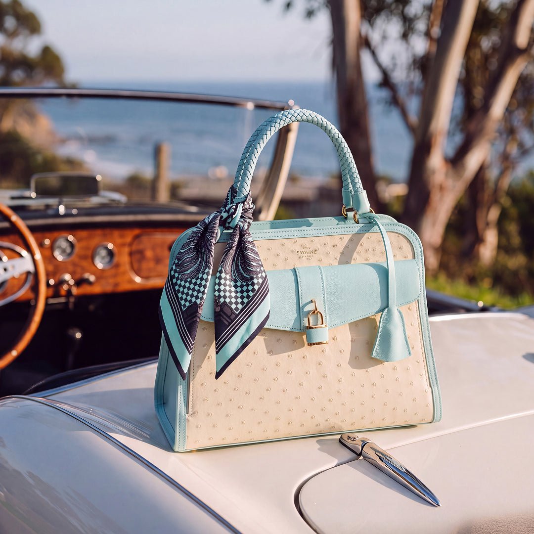 Bel-Air Handbag - Ostrich Leather (Polished Brass) Pink and white - Swaine Group Ltd
