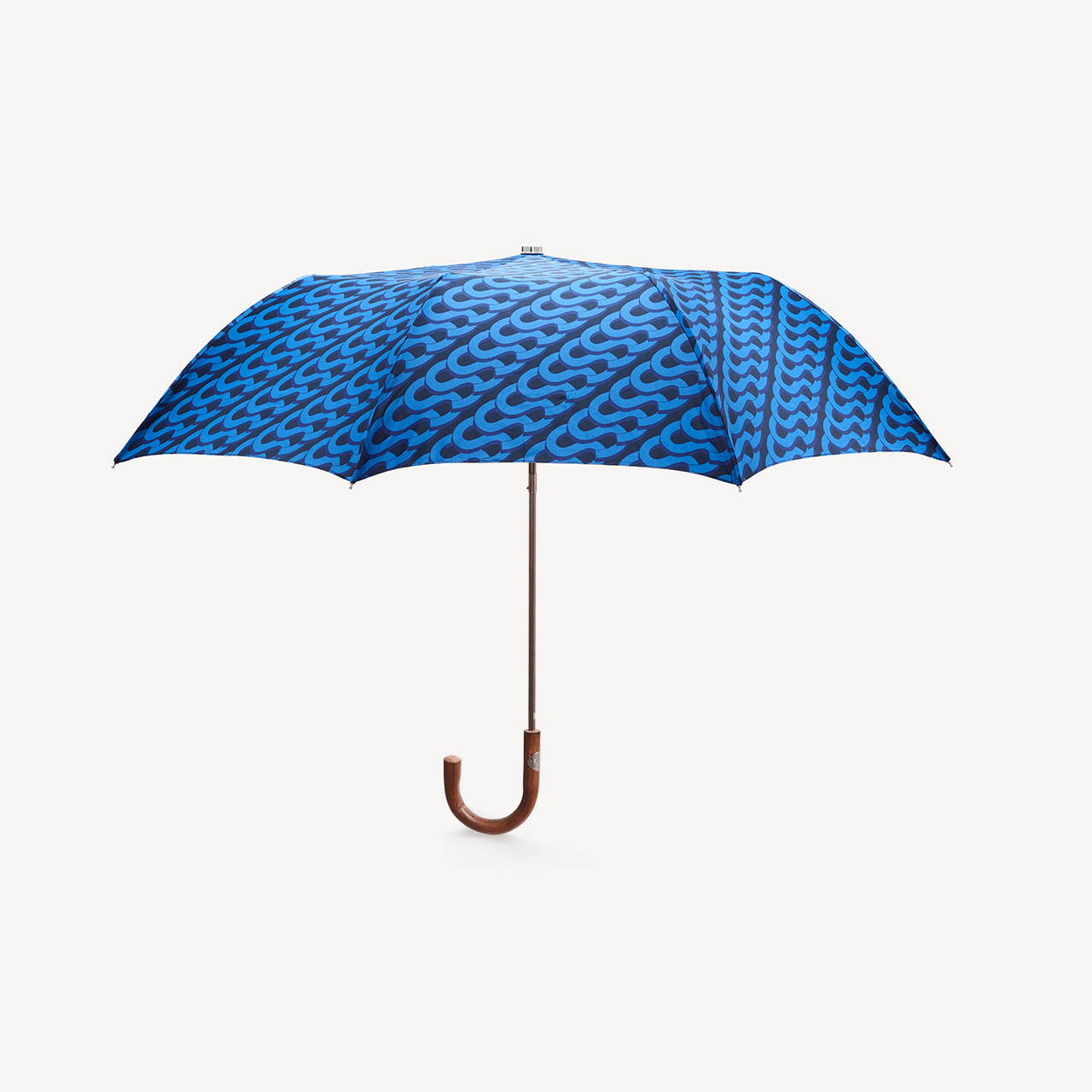 Collapsible Umbrella Chestnut Handle Monogram Print - Blue - Swaine