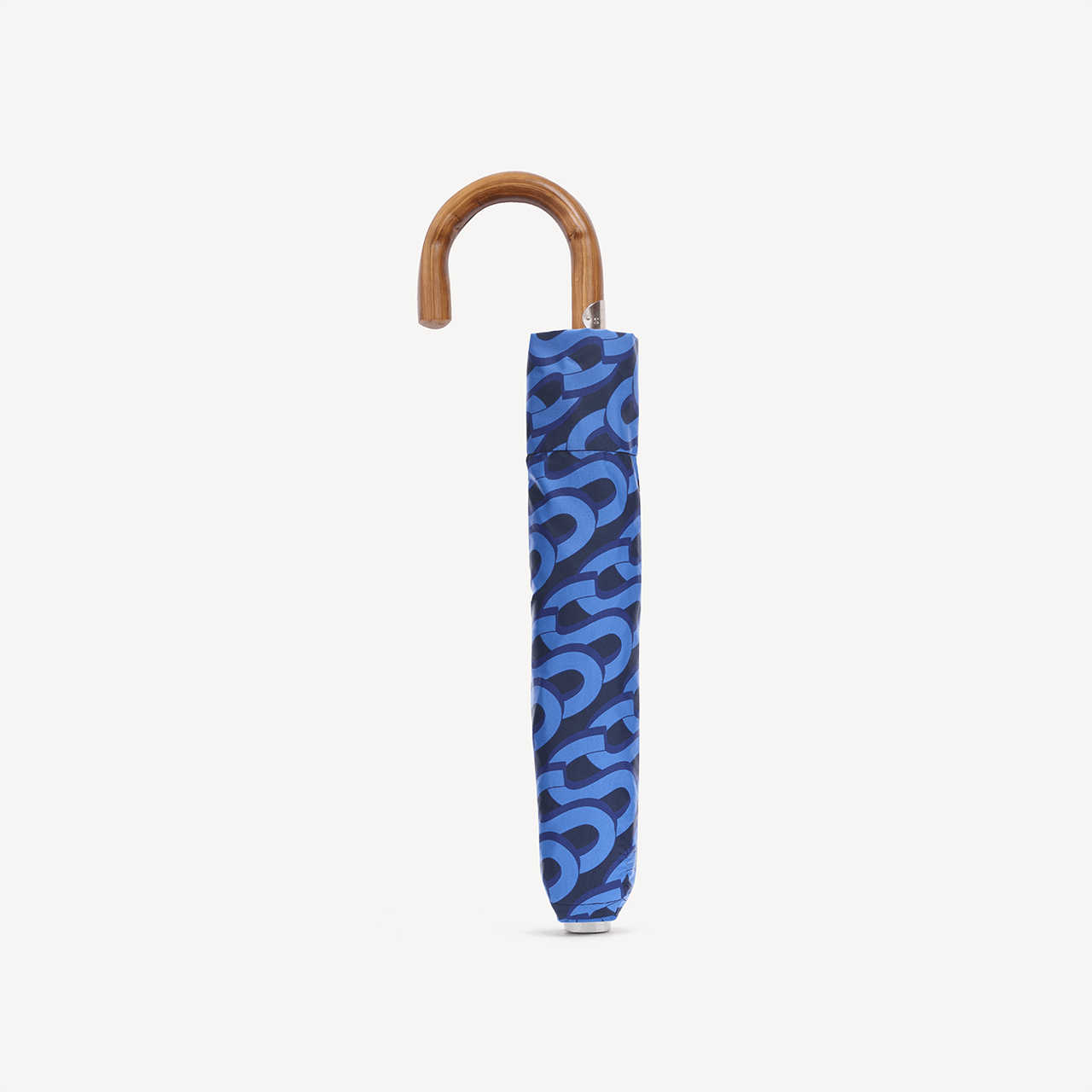 Collapsible Umbrella Chestnut Handle Monogram Print - Blue - Swaine