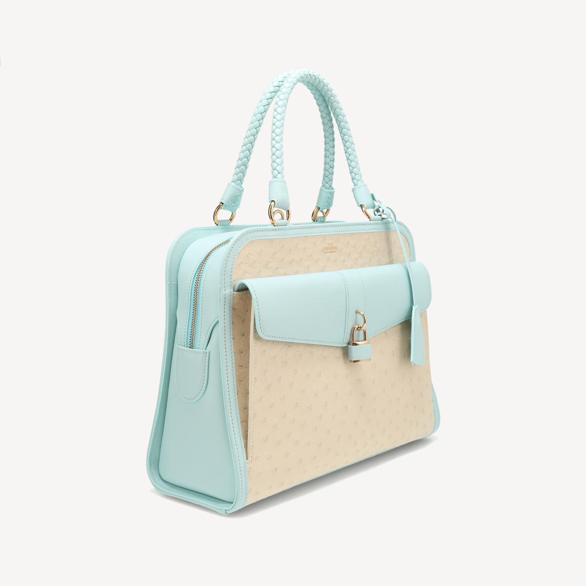 Bel-Air Handbag - Ostrich Leather (Polished Brass) Blue and white - Swaine Group Ltd