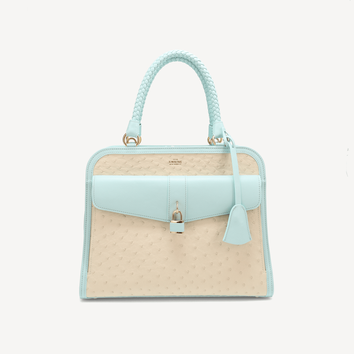 Bel-Air Handbag - Ostrich Leather (Polished Brass) Blue and white - Swaine Group Ltd
