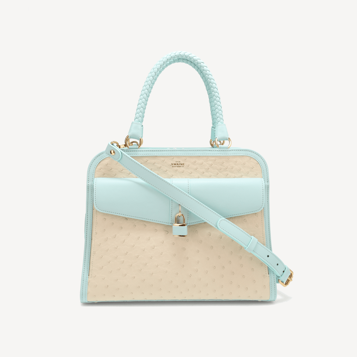 Bel-Air Handbag - Ostrich Leather (Polished Brass) Blue and white - Swaine Group Ltd