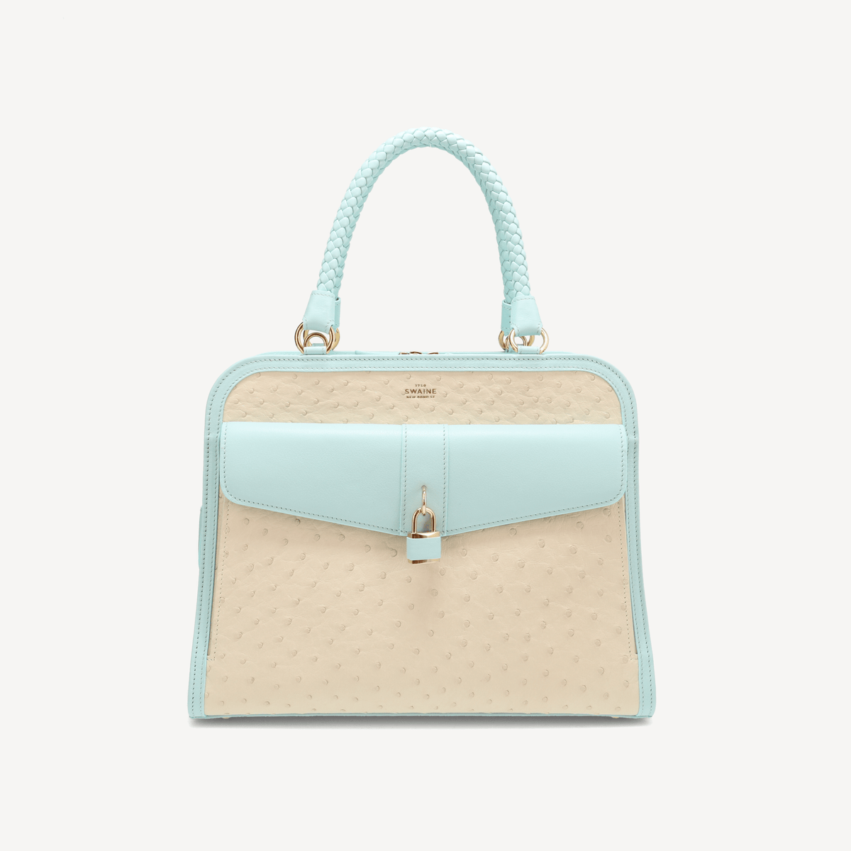 Bel-Air Handbag - Ostrich Leather (Polished Brass) Blue and white - Swaine Group Ltd