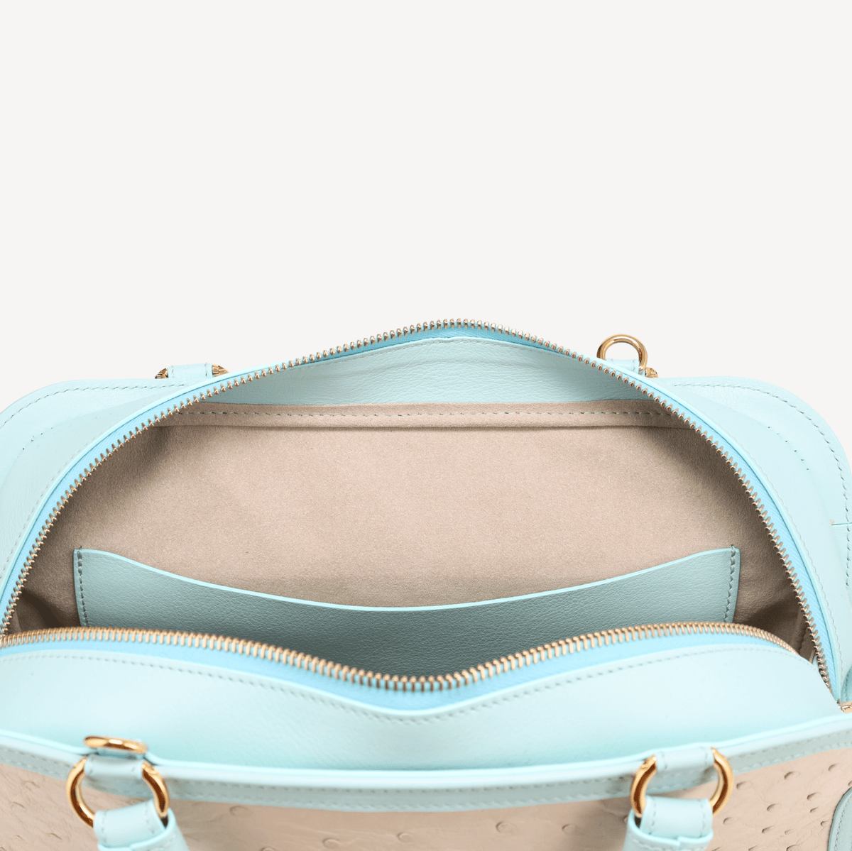 Bel-Air Handbag - Ostrich Leather (Polished Brass) Blue and white - Swaine Group Ltd