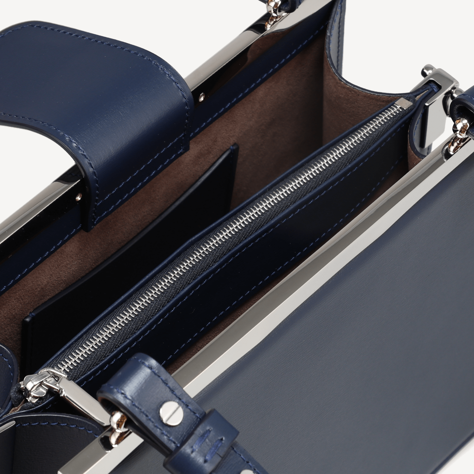 Margot Handbag - Navy Calf (Praline Alcantara/Polished Palladium)