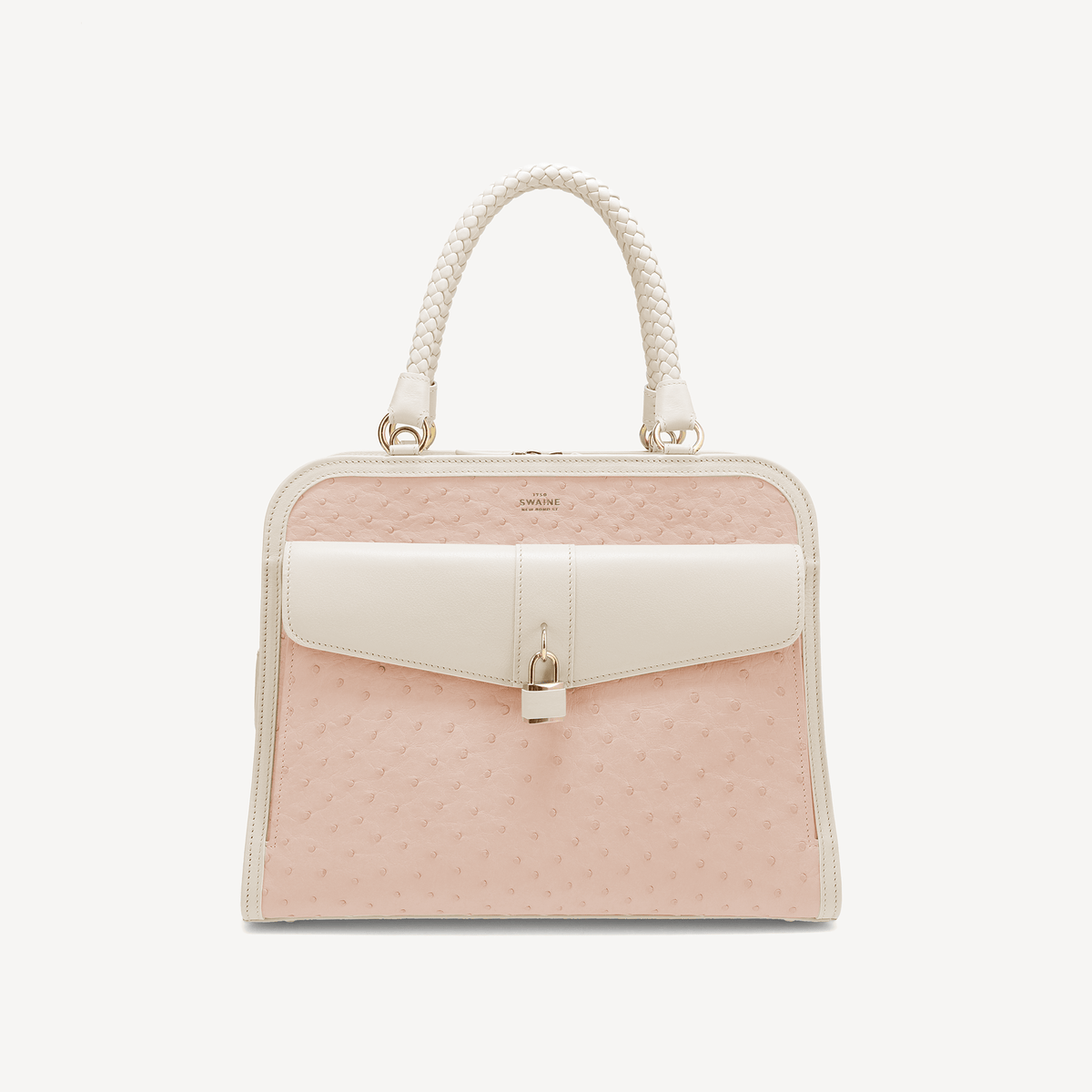 Bel-Air Handbag - Ostrich Leather (Polished Brass) Pink and white - Swaine Group Ltd