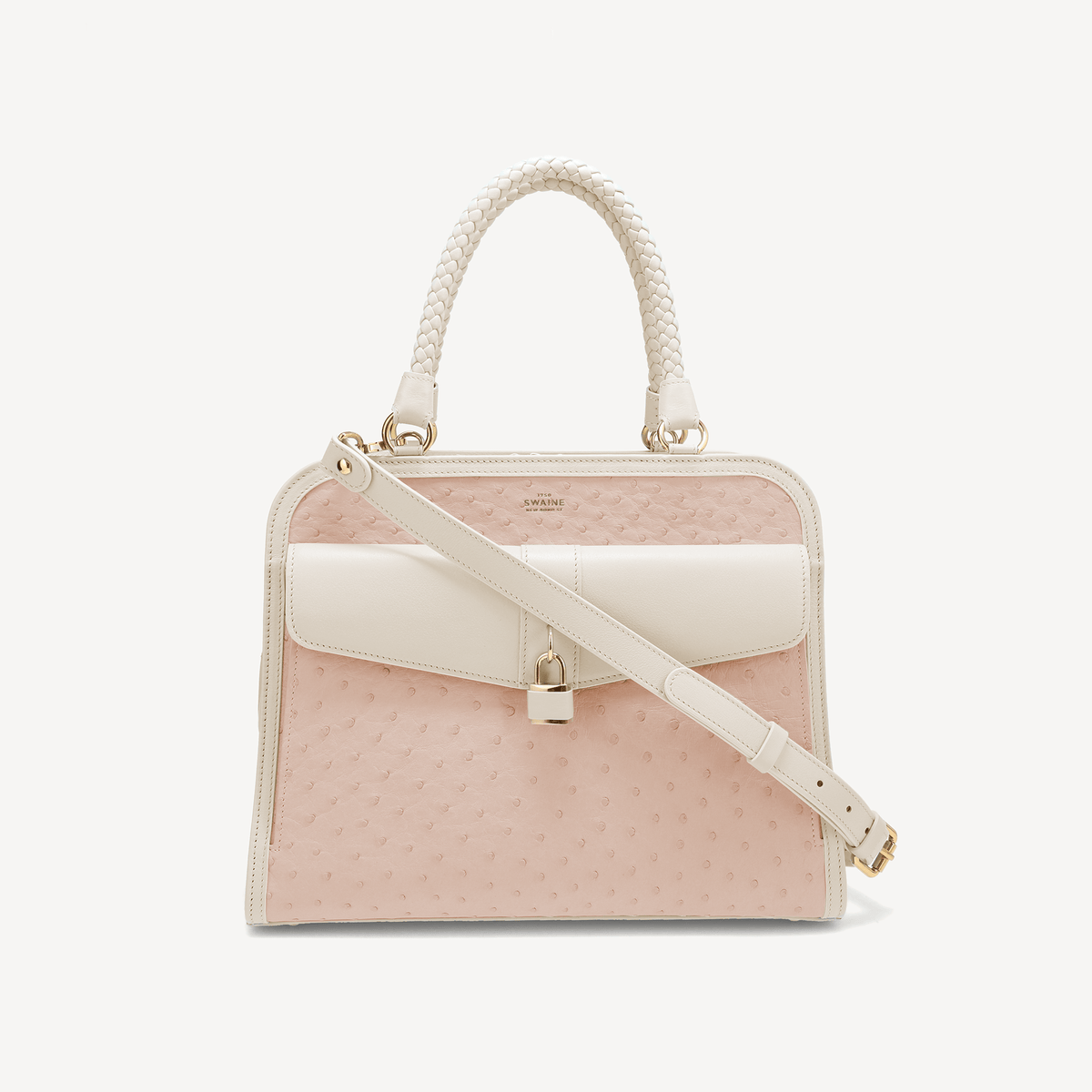 Bel-Air Handbag - Ostrich Leather (Polished Brass) Pink and white - Swaine Group Ltd