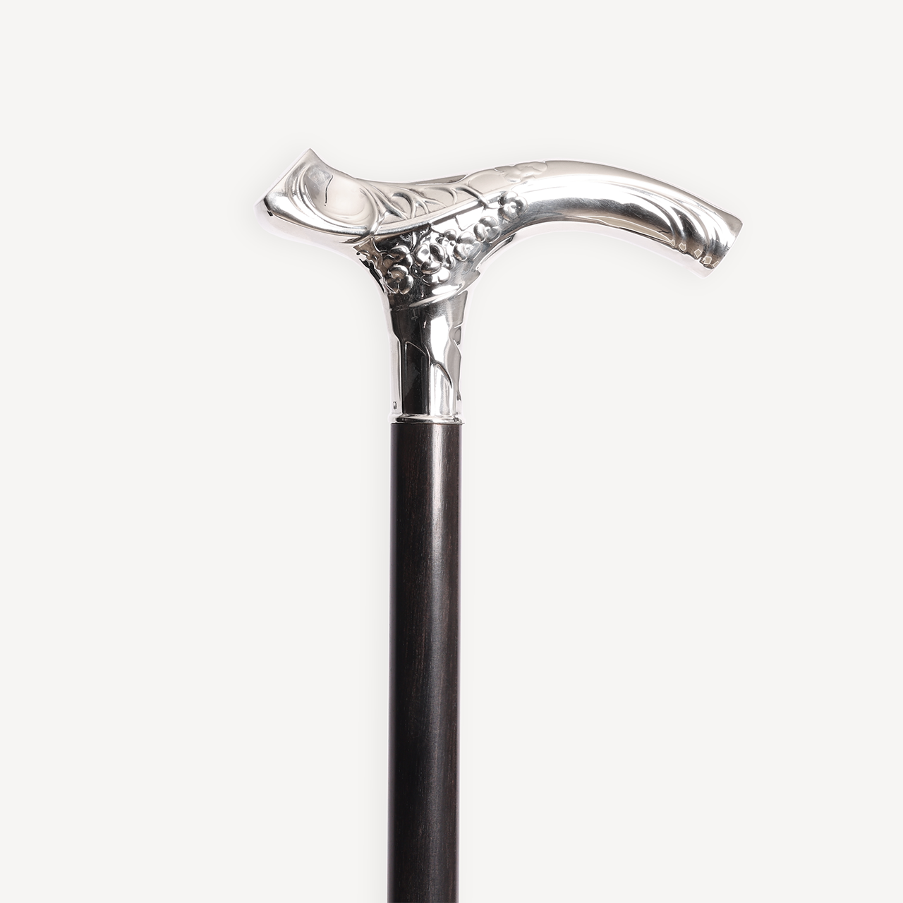 Dress Cane with Ornate Crutch Handle - Ebony Wood and Silver Hardware