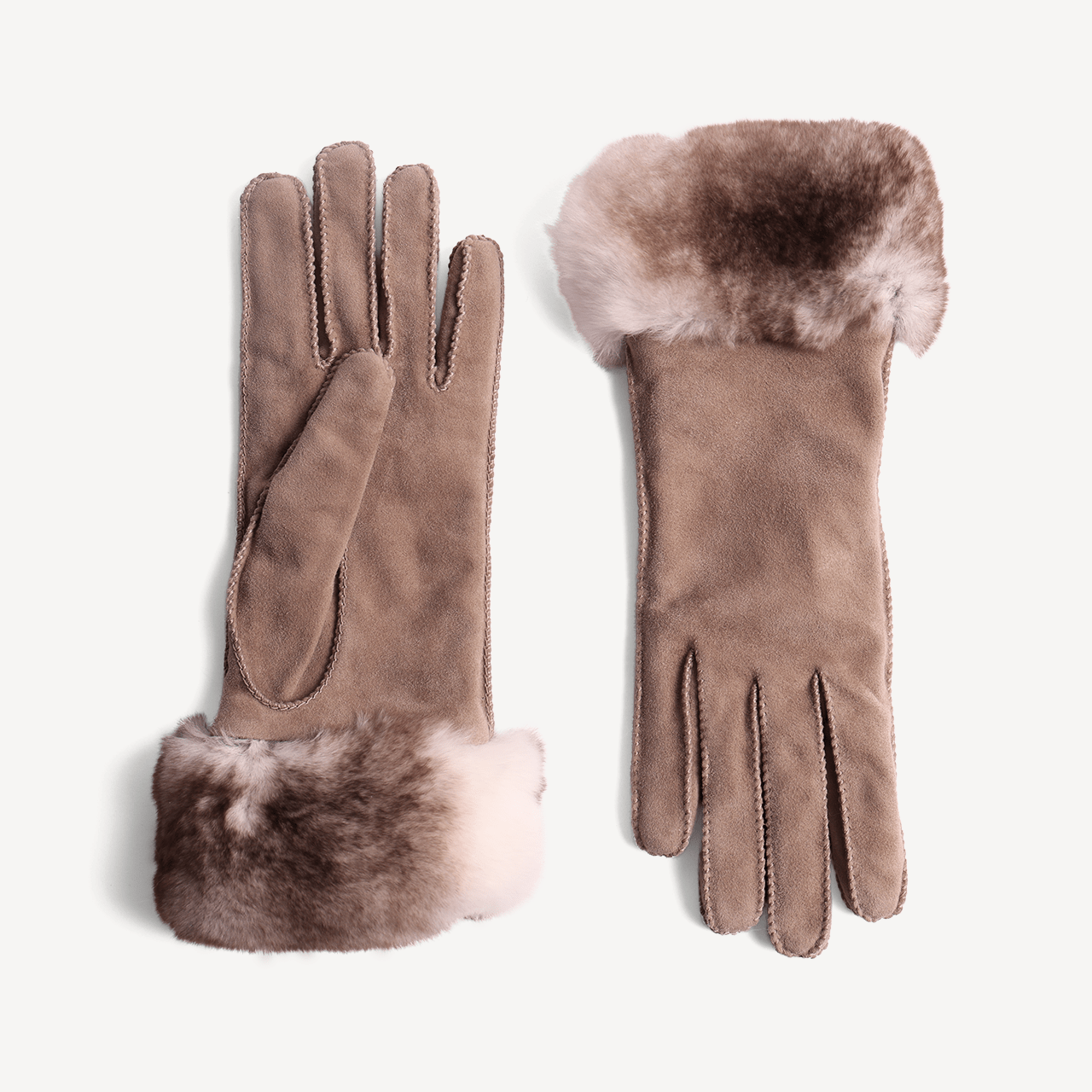 Women's Leather Suede Gloves with Rabbit Fur Trim - Cream - Swaine Group Ltd