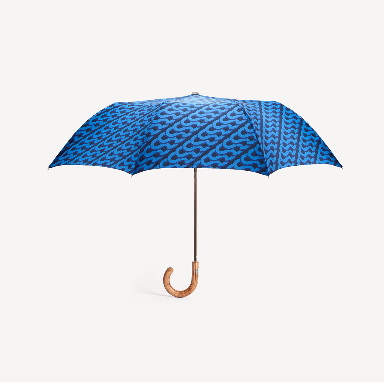 Collapsible Umbrella Beechwood Handle Monogram Print - Blue - Swaine